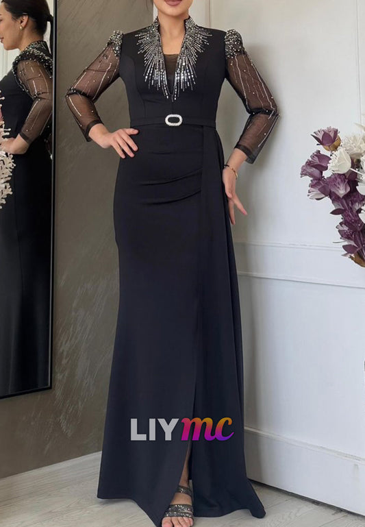 V-Neck Sparkly Long Sleeves Side Slit Sheath Mother of Bride Dress