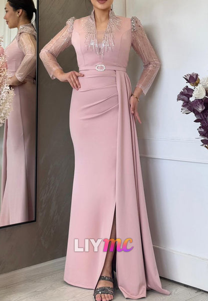 V-Neck Sparkly Long Sleeves Side Slit Sheath Mother of Bride Dress