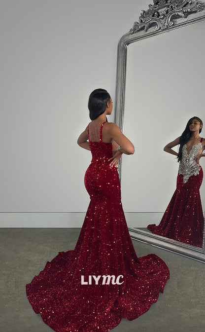 LP1270 - V-Neck Sparkly Sequins Appliques Mermaid Prom Dresses for Black Girls Classy