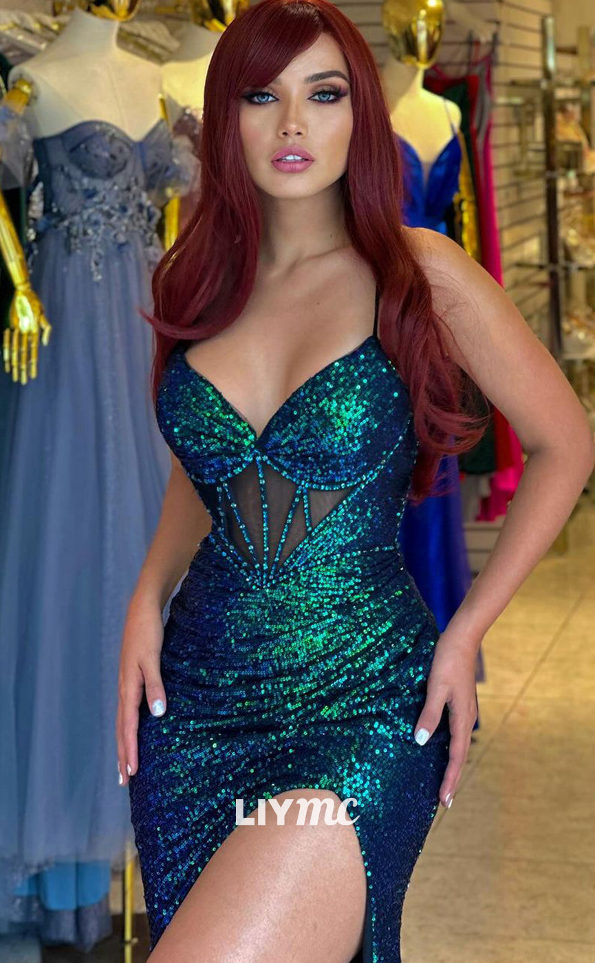 LP1303 - V-Neck Sparkly Sequins High Slit Sexy Prom Dress