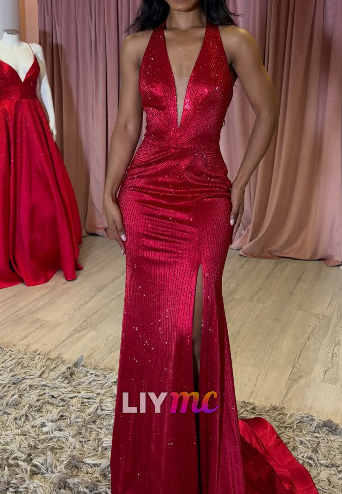 V-Neck Sparkly Sleeveless Red Mermaid Prom Dress