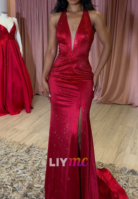 V-Neck Sparkly Sleeveless Red Mermaid Prom Dress