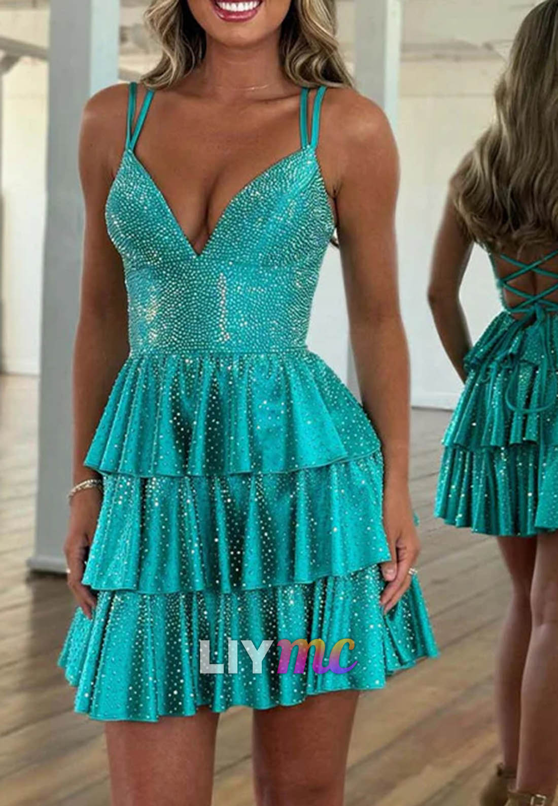 V-Neck Sparkly Spaghetti Straps Tiered A-Line Party Homecoming Dress