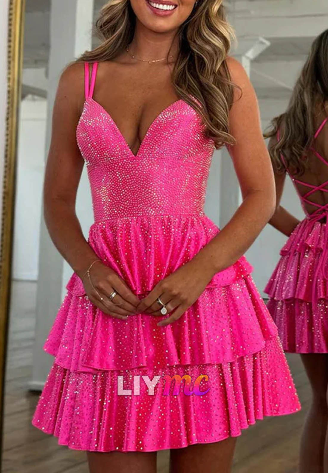 V-Neck Sparkly Spaghetti Straps Tiered A-Line Party Homecoming Dress