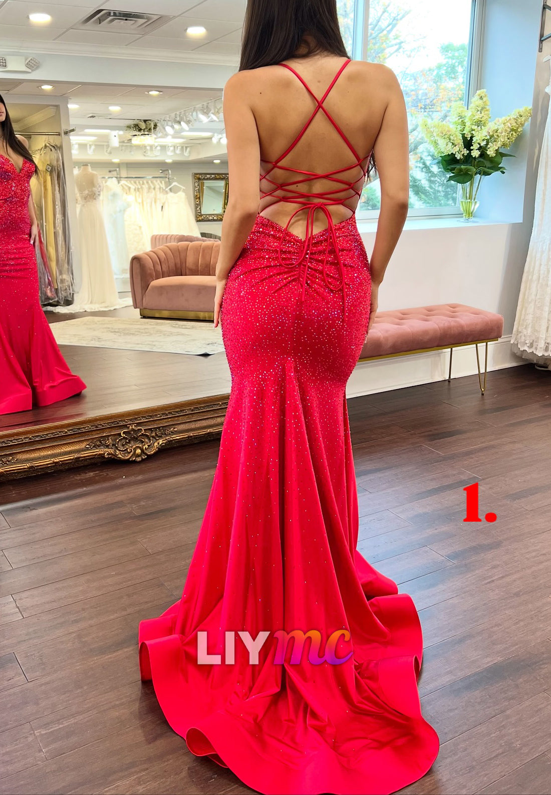 V-Neck Spsghetti Straps Sparkly Mermaid Prom Dress