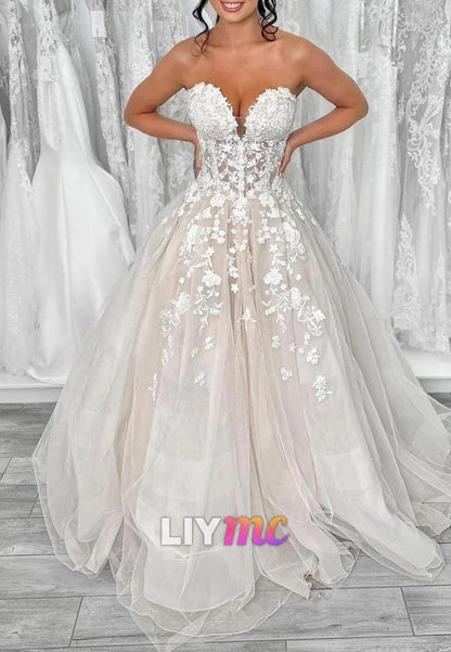 V-Neck Strapless Appliques A-Line Wedding Dress