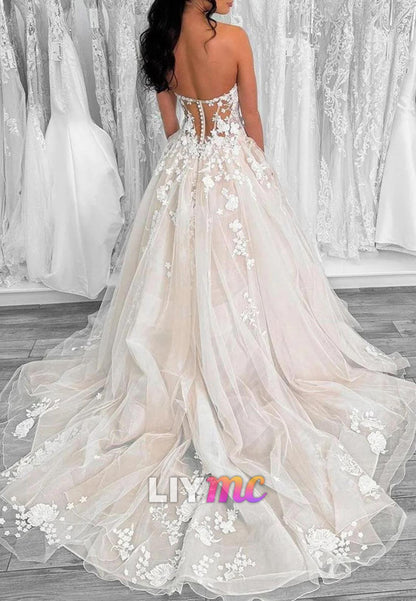 V-Neck Strapless Appliques A-Line Wedding Dress