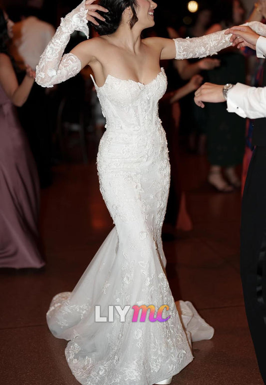 V-Neck Strapless Appliques Mermaid Wedding Dress