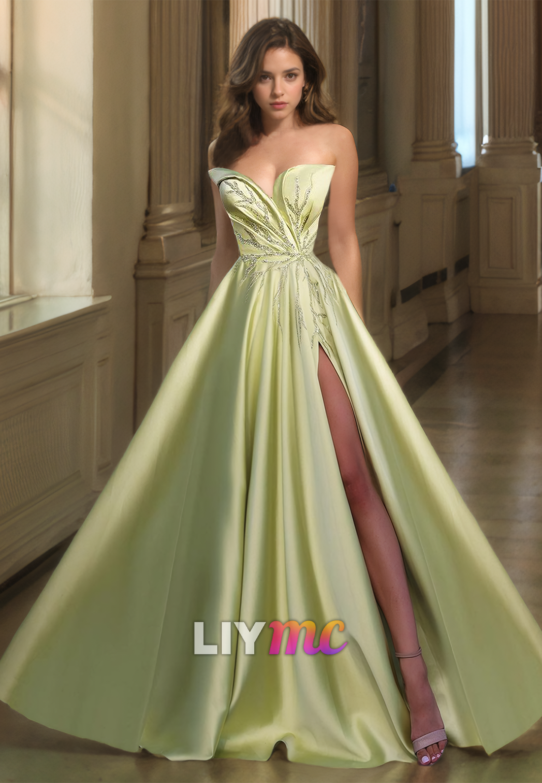 V-Neck Strapless Appliques Pleated Satin A-Line Prom Dress