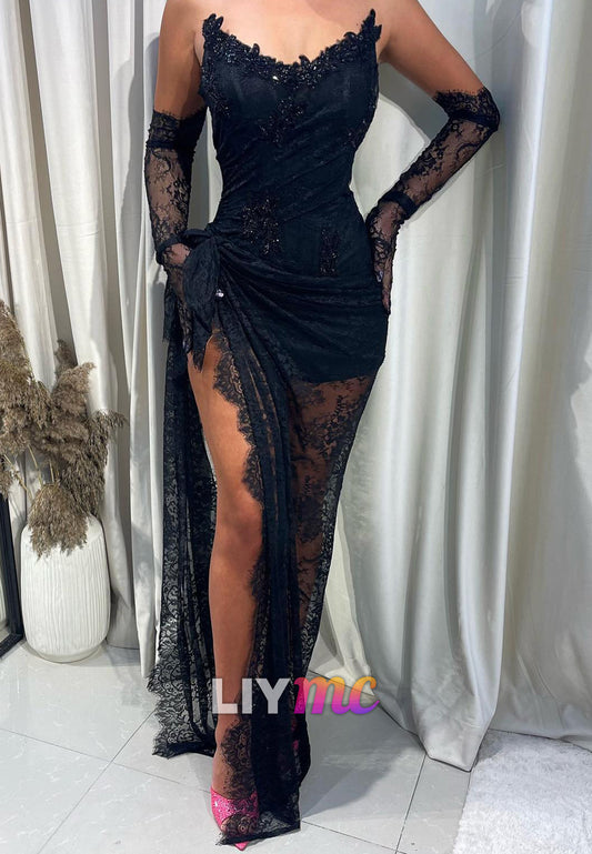 V-Neck Strapless Appliques Sequins Sheath Prom Dress