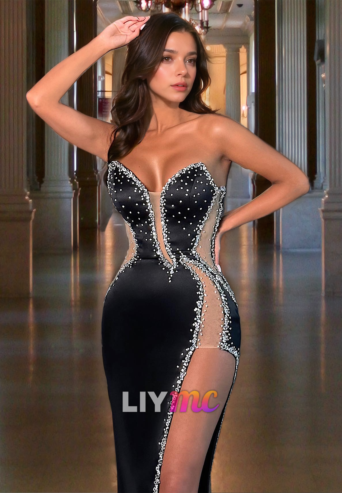 V-Neck Strapless Beaded Illusion High Slit Sexy Black Prom Dress