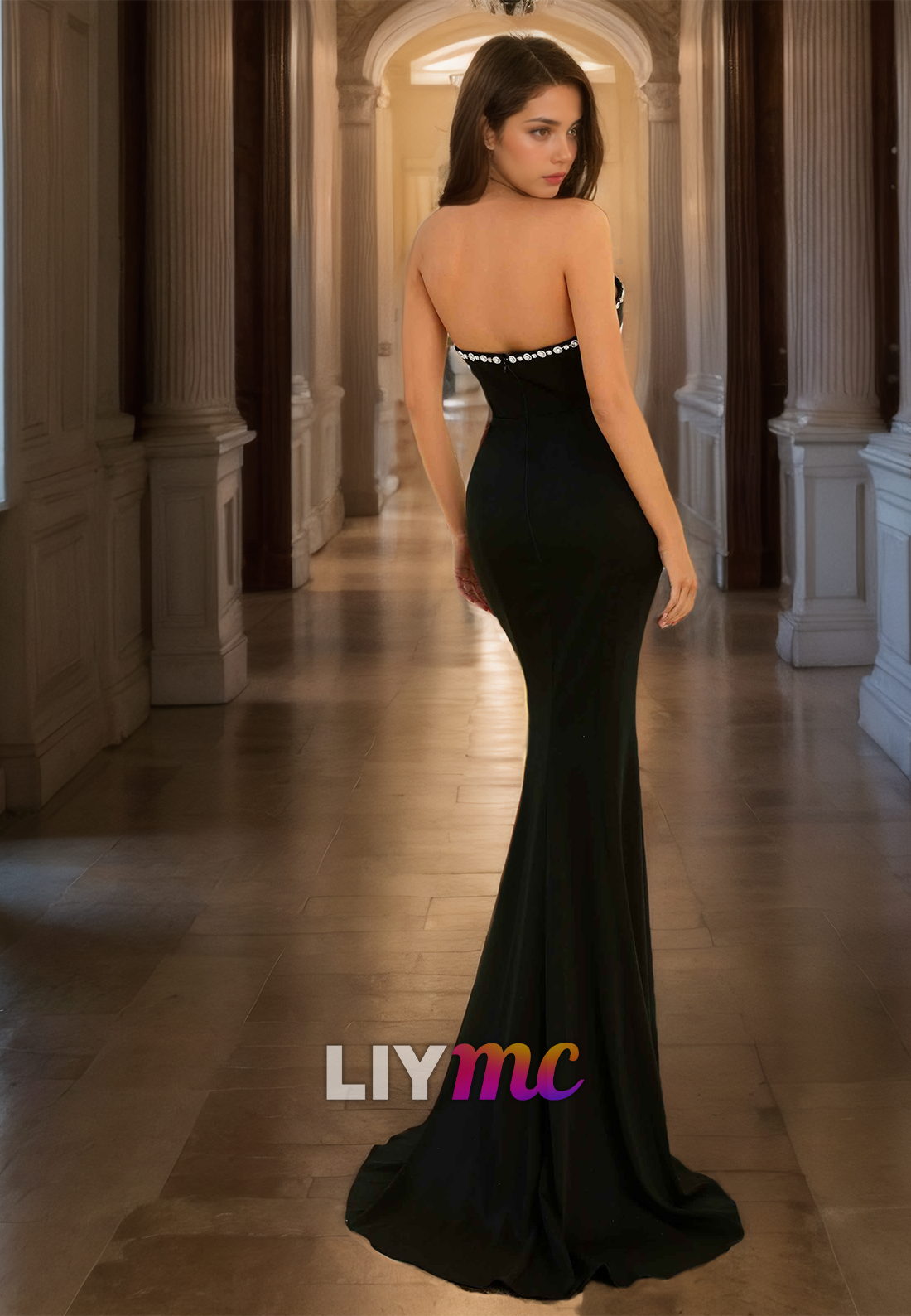 V-Neck Strapless Beaded Mermaid Black Prom Dress