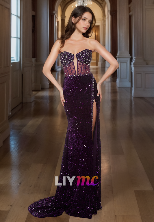 V-Neck Strapless Beaded Sequins Side Slit Sheath Sparkly Prom Dress