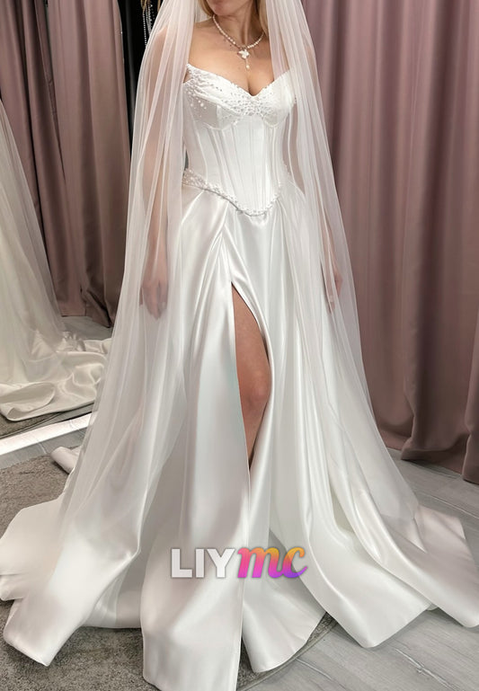 V-Neck Strapless Beaded Side Slit A-Line Satin Wedding Dress