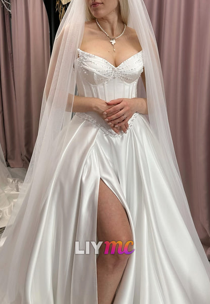 V-Neck Strapless Beaded Side Slit A-Line Satin Wedding Dress