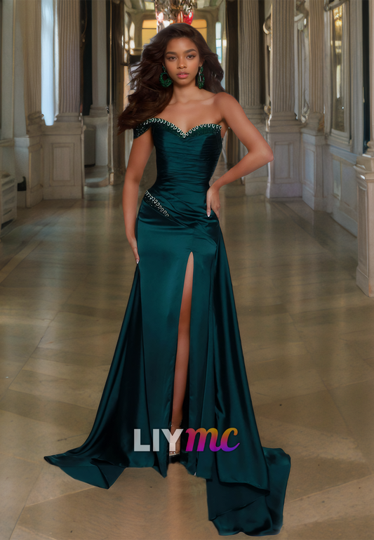 V-Neck Strapless Beaded Sleek Mermaid Side Slit Prom Dress