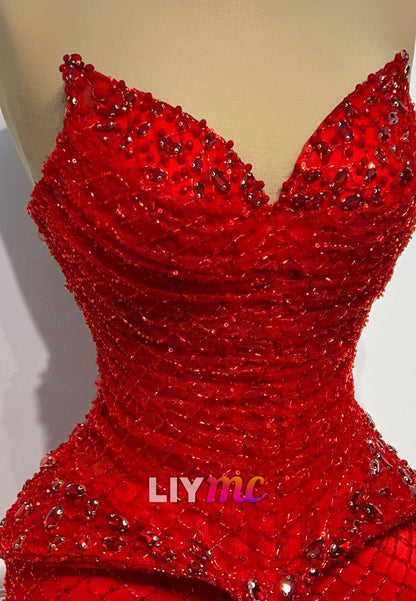V-Neck Strapless Beaded Sparkly Mermaid Red Prom Dress