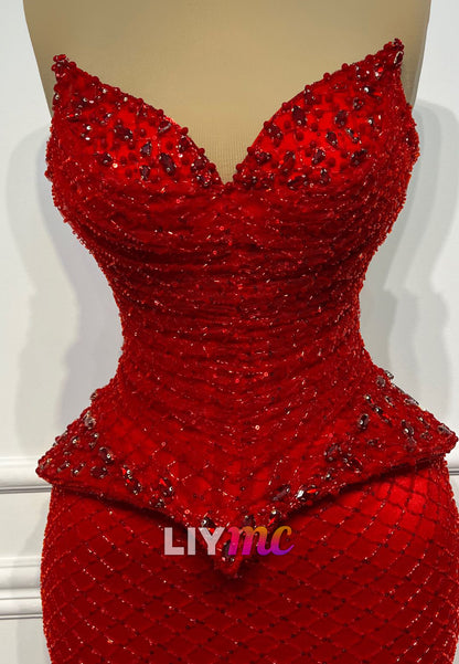 V-Neck Strapless Beaded Sparkly Mermaid Red Prom Dress