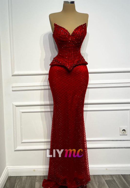 V-Neck Strapless Beaded Sparkly Mermaid Red Prom Dress