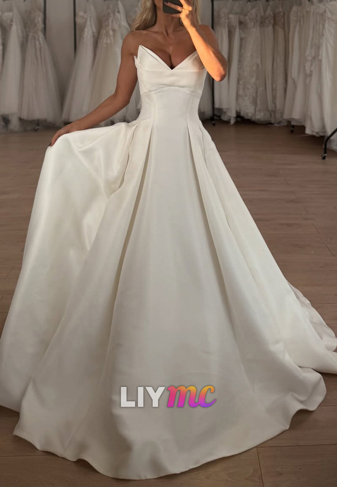 V-Neck Strapless Corset Mikado Satin A-Line Wedding Dress