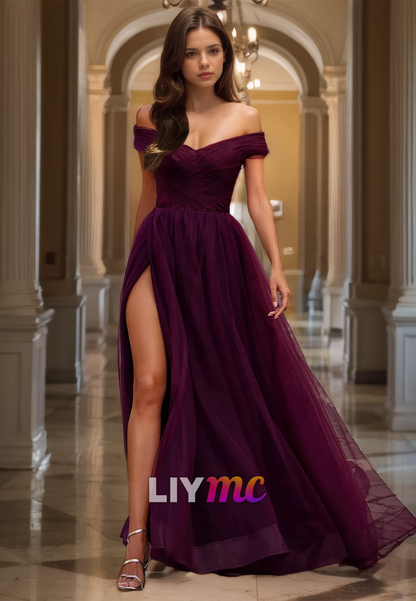 V-Neck Strapless High Slit Pleated A-Line Prom Dress