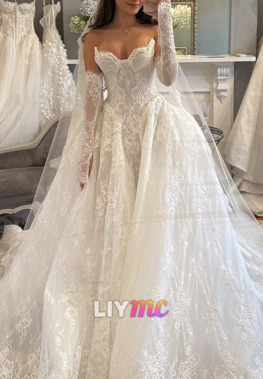 V-Neck Strapless Lace Appliques A-Line Wedding Dress