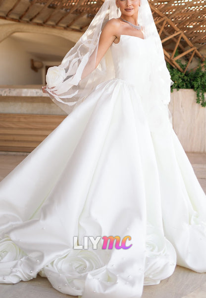 V-Neck Strapless Mikado Satin Floral Embellished Wedding Dress