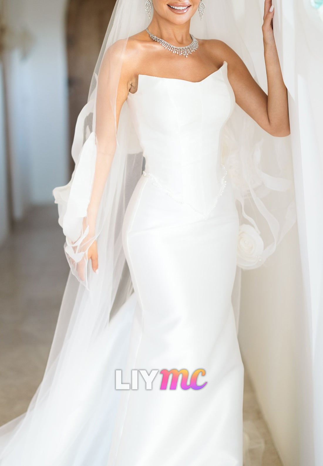 V-Neck Strapless Mikado Satin Floral Embellished Wedding Dress