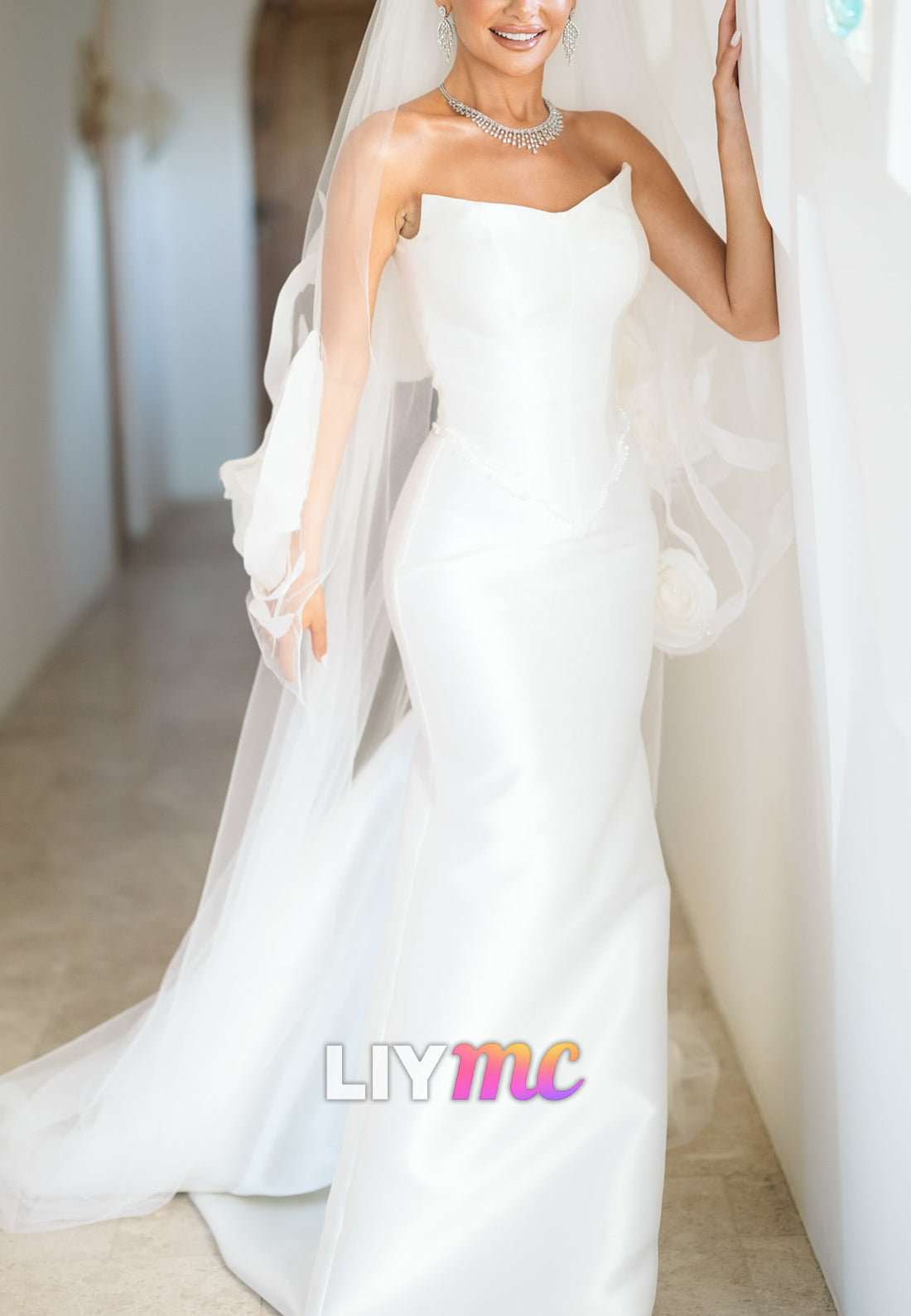 V-Neck Strapless Mikado Satin Floral Embellished Wedding Dress