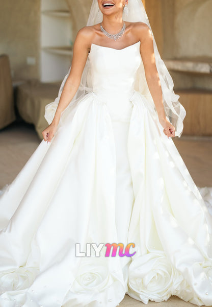 V-Neck Strapless Mikado Satin Floral Embellished Wedding Dress