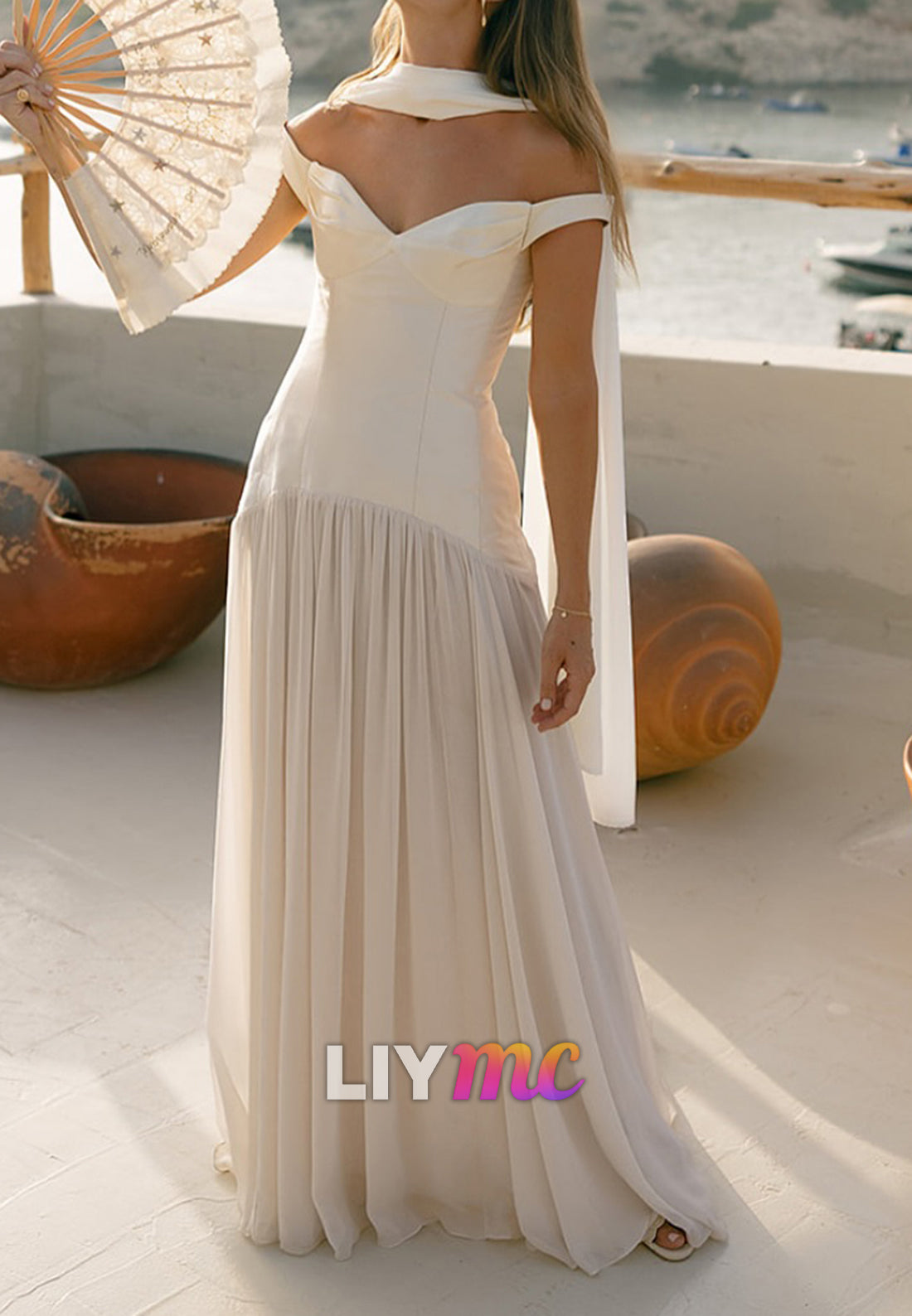 V-Neck Strapless Pleated A-Line Chiffon Wedding Dress