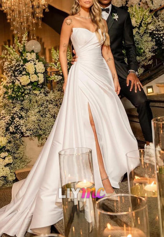 V-Neck Strapless Pleated A-Line Simple Wedding Dress