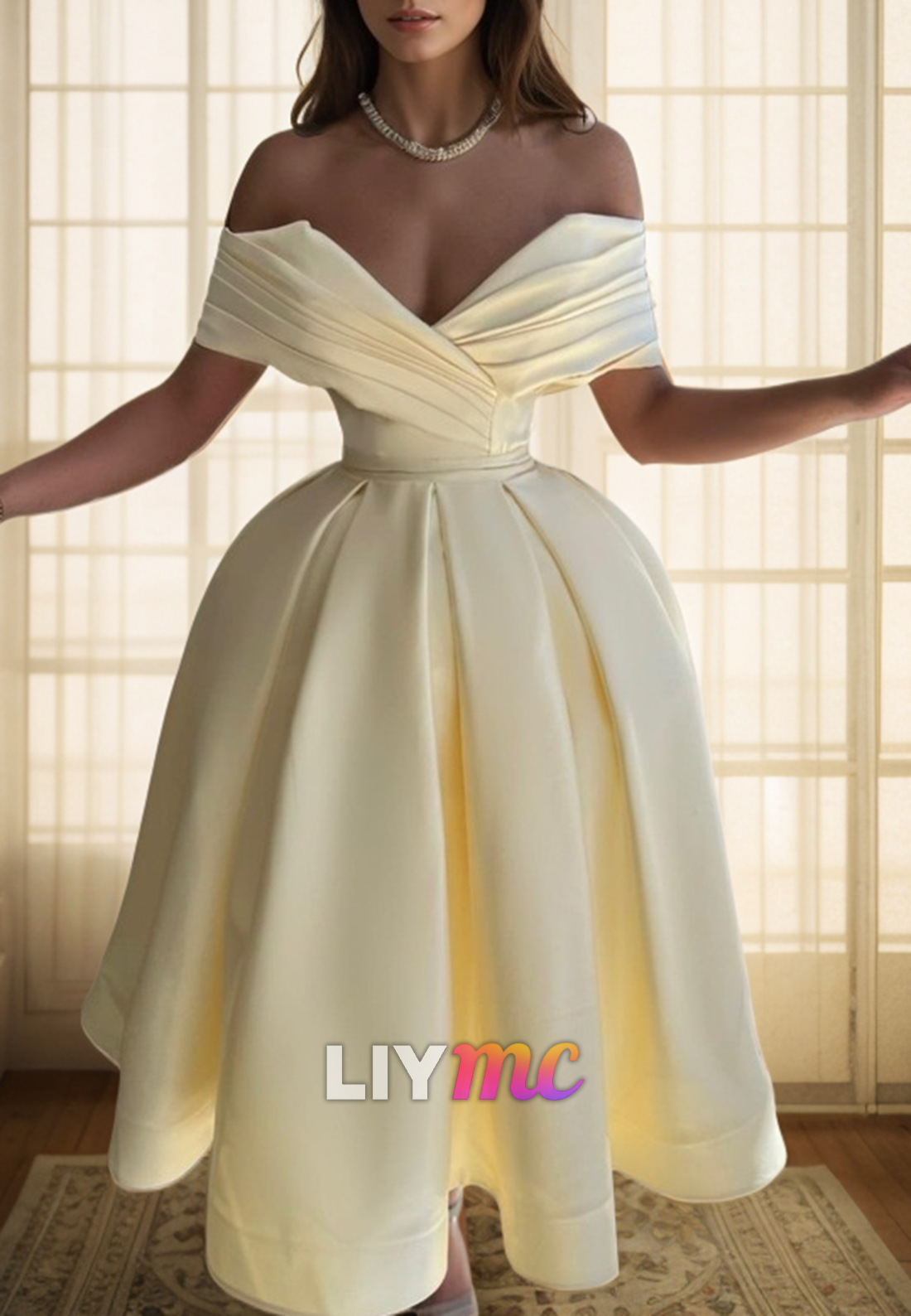 LP2278 - V-Neck Strapless Pleated Satin A-Line Prom Dress