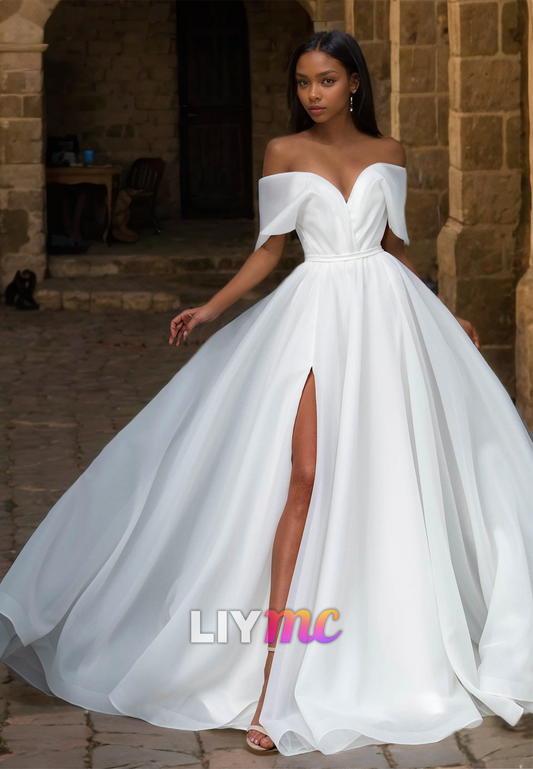 V-Neck Strapless Pleated Side Slit A-Line Beach Wedding Dress