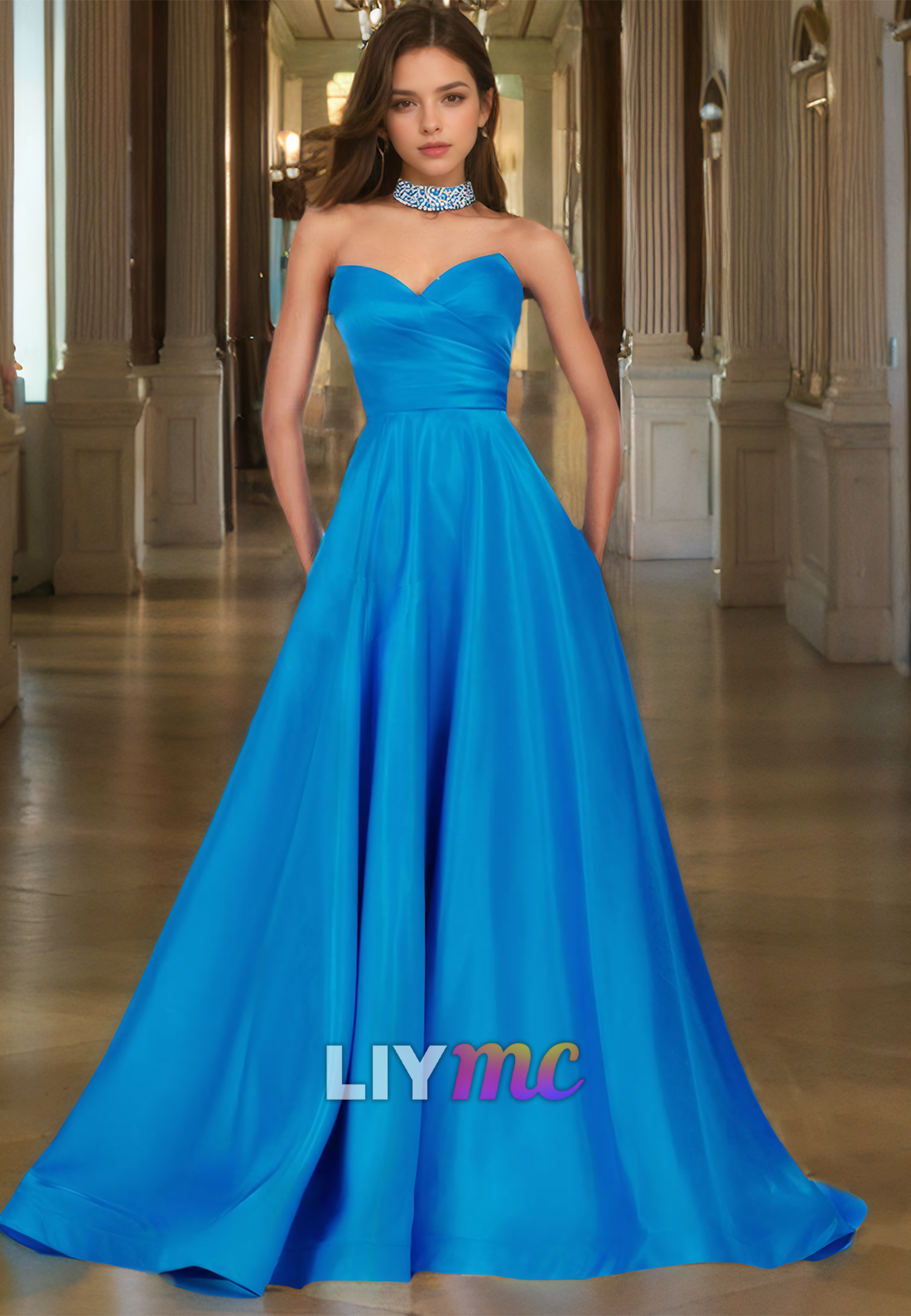 V-Neck Strapless Pleated Sleek Satin A-Line Prom Dress