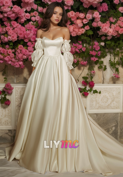 V-Neck Strapless Pleated Sleek Satin A-Line Wedding Dress