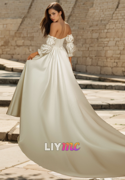 V-Neck Strapless Pleated Sleek Satin A-Line Wedding Dress