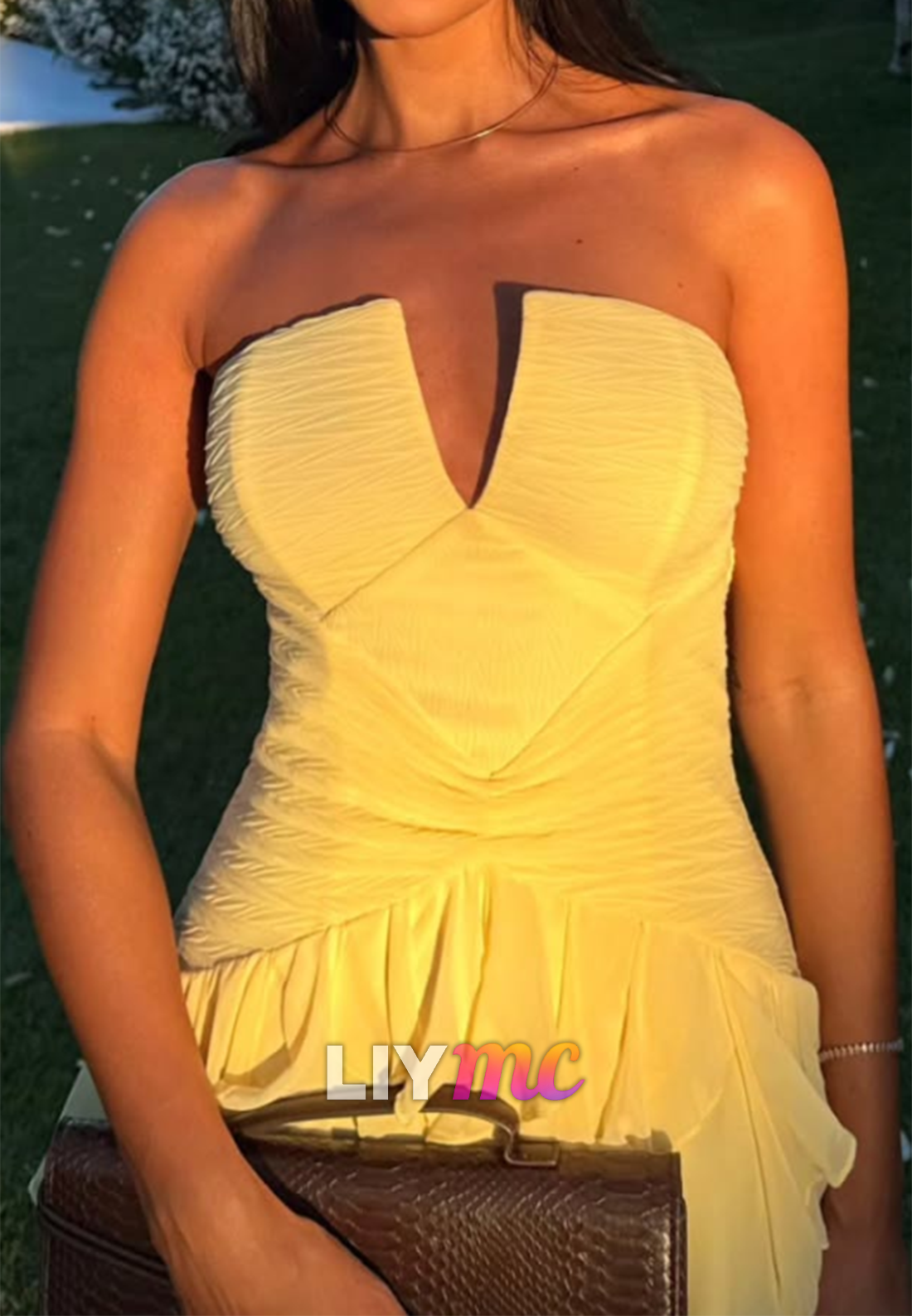 V-Neck Strapless Ruffles A-Line Wedding Guest Dress