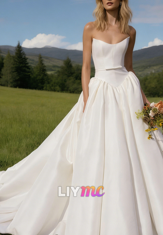 V-Neck Strapless Satin A-Line Wedding Dress