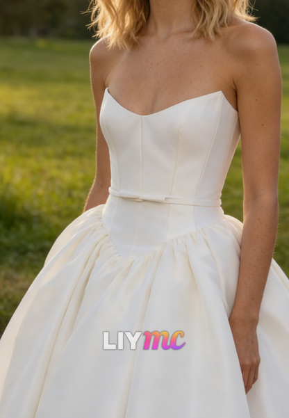 V-Neck Strapless Satin A-Line Wedding Dress