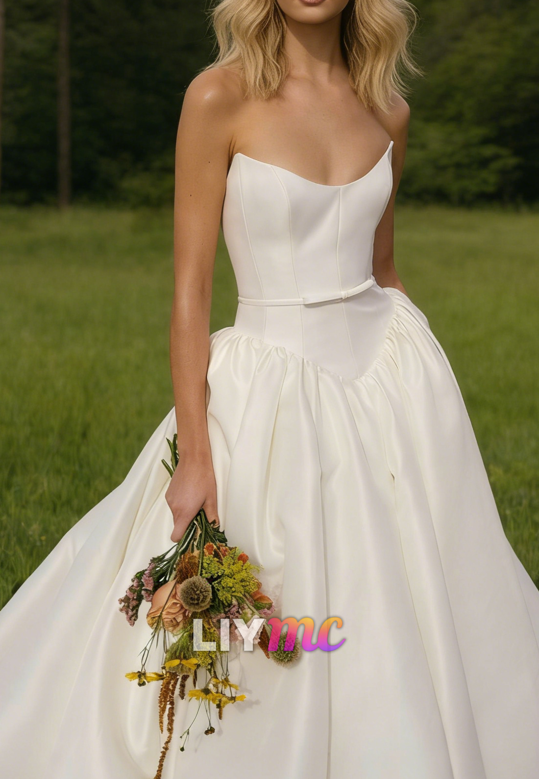 V-Neck Strapless Satin A-Line Wedding Dress