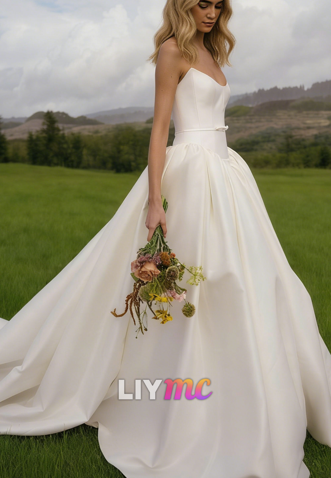 V-Neck Strapless Satin A-Line Wedding Dress