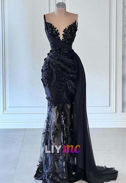 V-Neck Strapless Sequins Appliques Mermaid Prom Dress