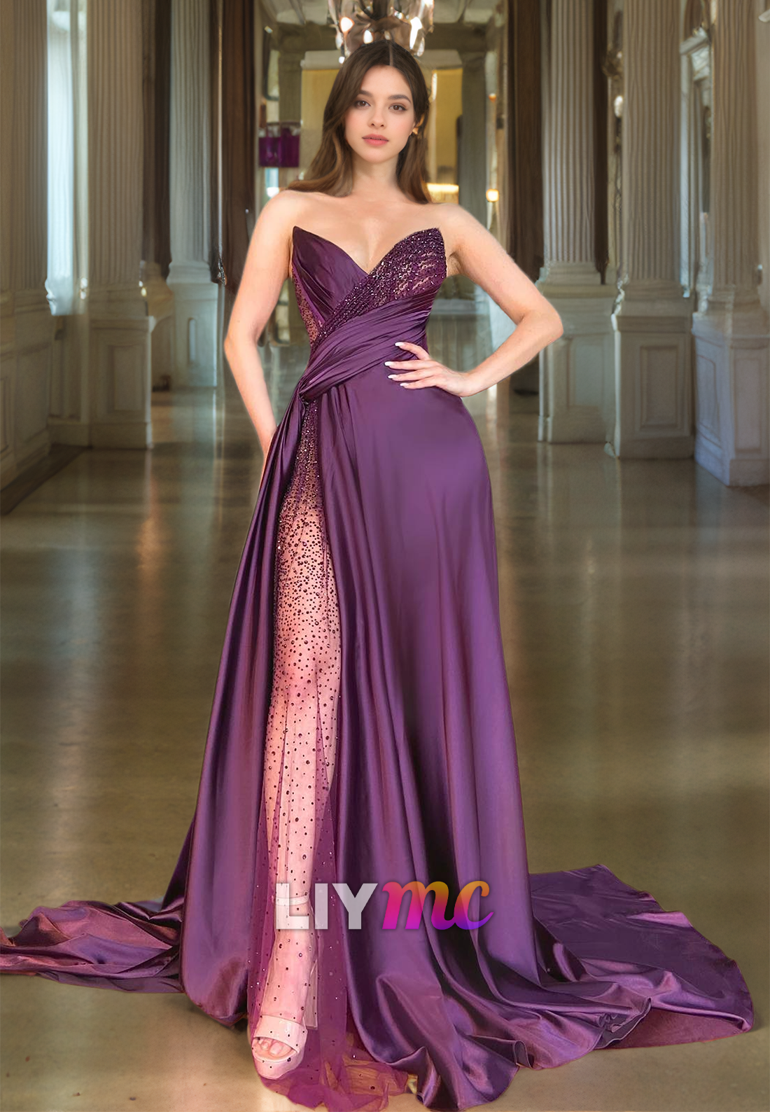 LP725 - V Neck Strapless Sequins Satin Pleated Sheath Long Prom Evening Dress