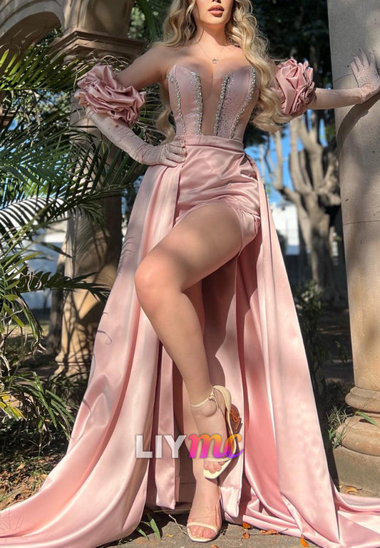 V-Neck Strapless Side Slit Beaded Sheath Prom Dress