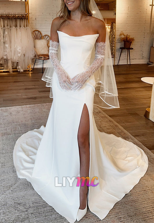 V-Neck Strapless Side Slit Sleek Sheath Wedding Dress
