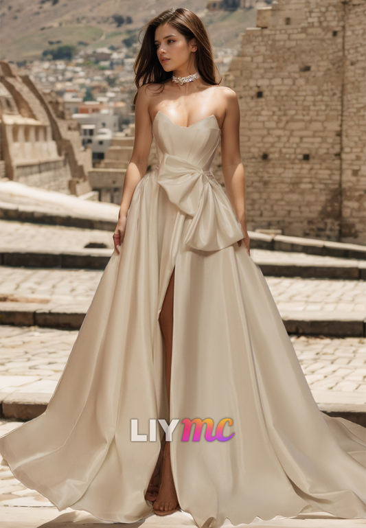 V-Neck Strapless Sleek Bowknot Pleated Satin A-Line Wedding Dress