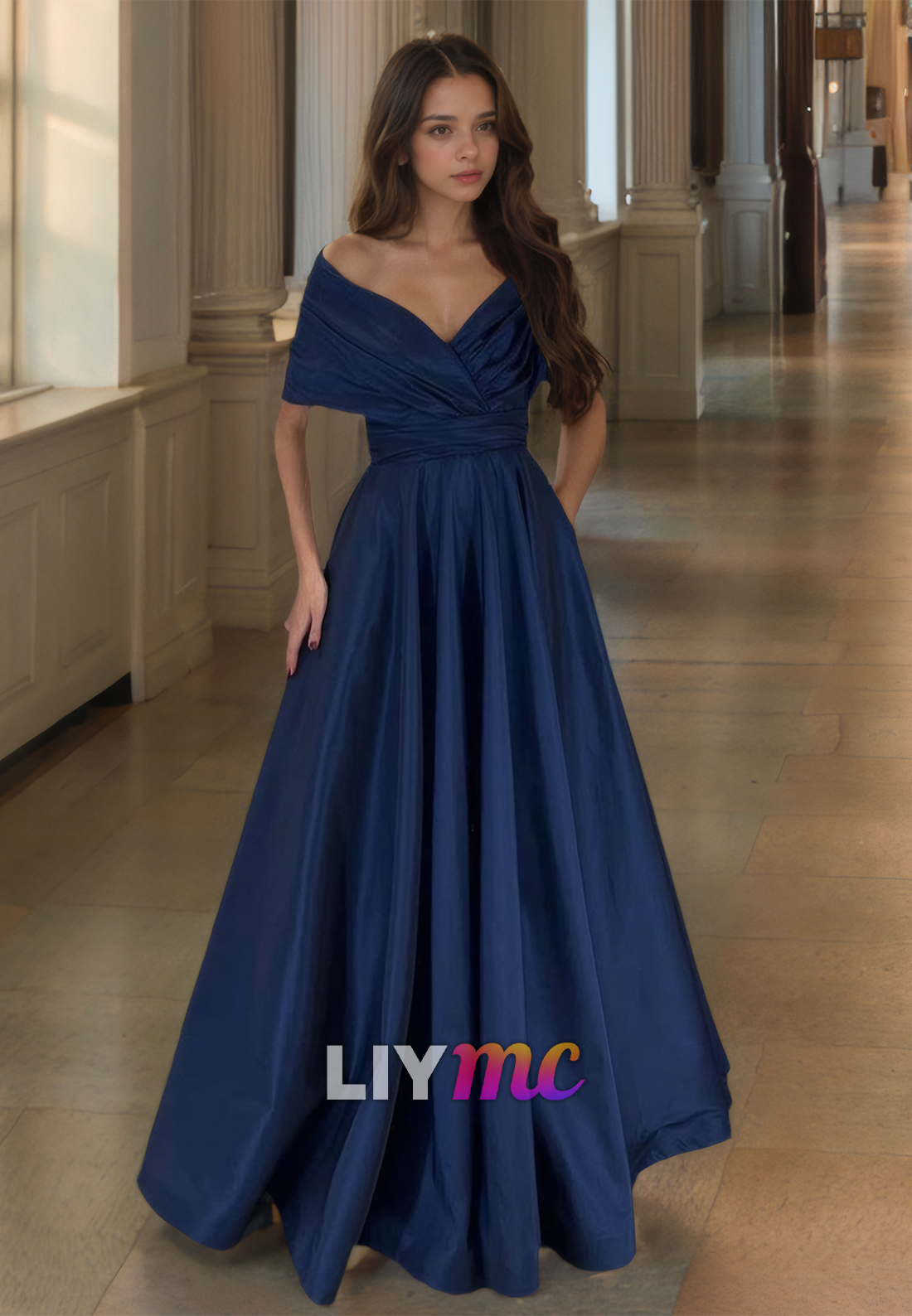 V-Neck Strapless Sleek Pleated Satin A-Line Formal Prom Dress