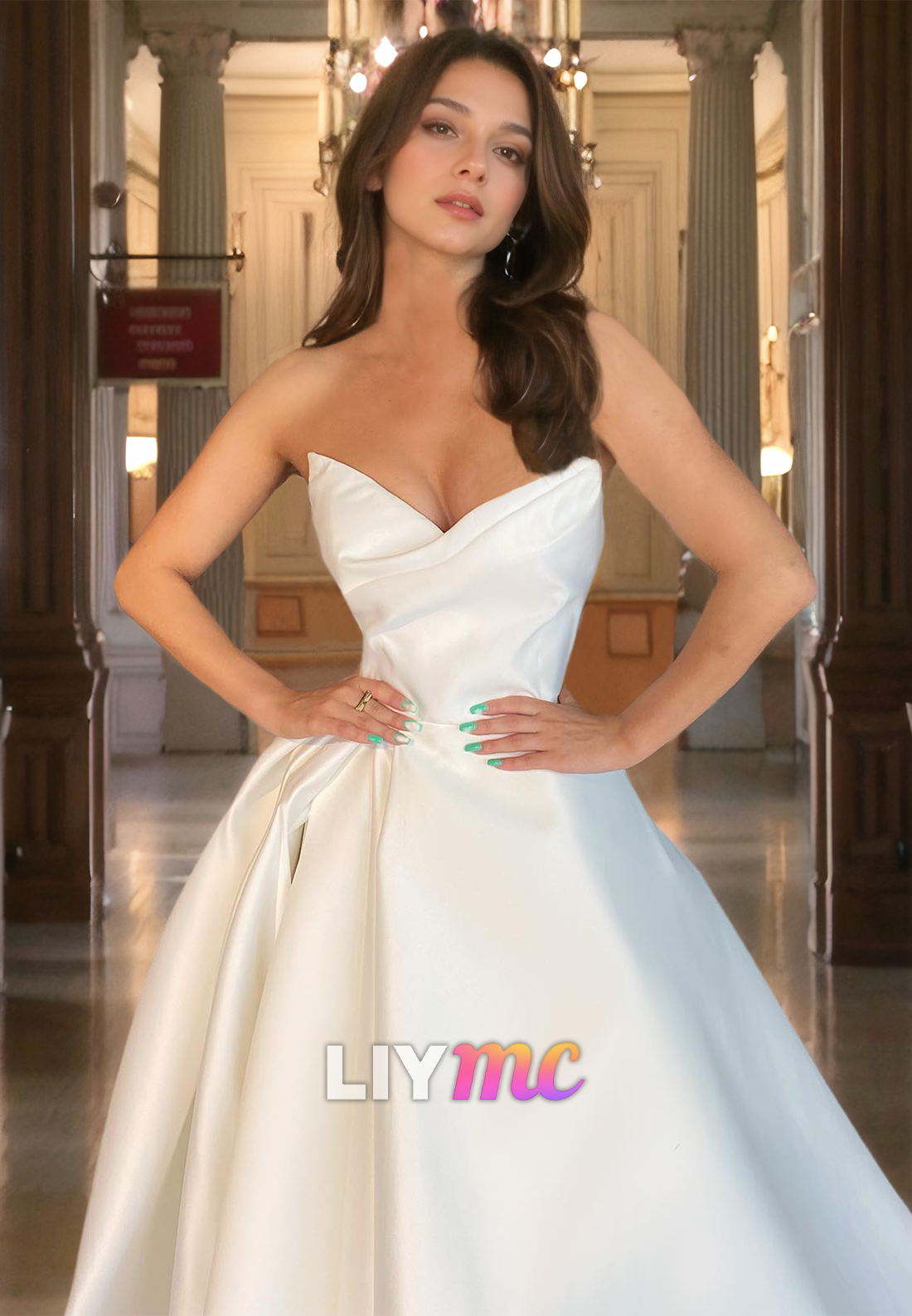 LP720 - A Line V Neck Strapless Satin Long Prom Evening Dress With Slit