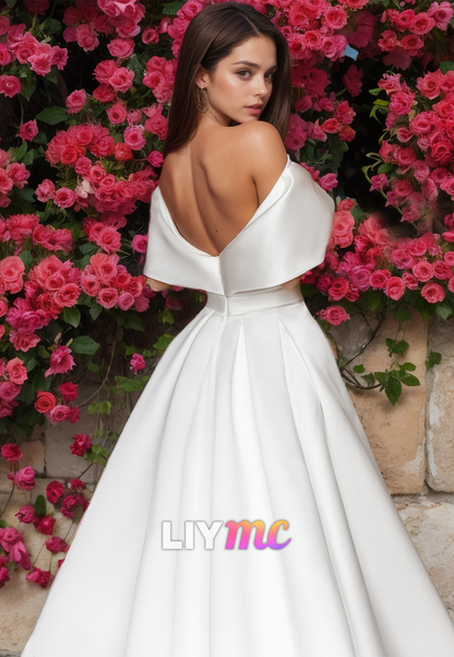 V-Neck Strapless Sleek Satin Pleated A-Line Classic Wedding Dress